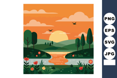 Sunset landscape with river hills trees and flowers in orang Product Image 1