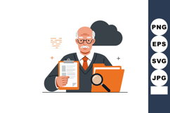 Elderly man holding clipboard with documents and magnifying Product Image 1