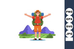 Male hiker with backpack and hat enjoying mountain landscape Product Image 1