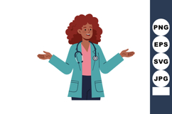 Female doctor with curly hair wearing teal coat and stethosc Product Image 1