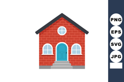 Red brick house with blue door and arched windows simple res Product Image 1