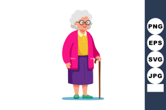 Elderly woman with white hair purple skirt pink jacket holdi Product Image 1