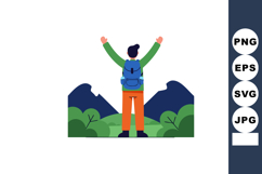 Hiker with backpack celebrating success in mountain landscap Product Image 1