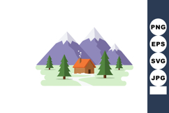 Mountain landscape with cabin and pine trees in snowy enviro Product Image 1