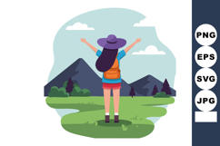 Woman hiker with backpack and purple hat enjoying mountain l Product Image 1