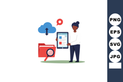 Woman holding digital tablet with cloud storage and data fol Product Image 1