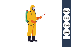 Worker in yellow hazmat suit spraying disinfectant with prot Product Image 1