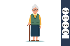 Elderly woman with cane in green vest and blue skirt vector Product Image 1