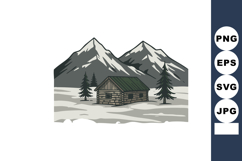 Mountain cabin with pine trees and snow in winter landscape Product Image 1