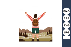 Boy with backpack hiking in mountain landscape enjoying natu Product Image 1