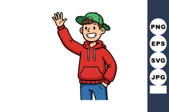 Boy waving hand wearing green cap red hoodie and blue jeans Product Image 1
