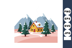 Mountain cabin winter landscape with snow covered pine trees Product Image 1