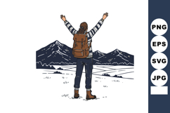 Woman with backpack enjoying mountain landscape view in outd Product Image 1