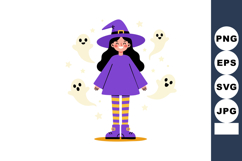 Cute witch girl in purple costume with ghosts and stars hall Product Image 1