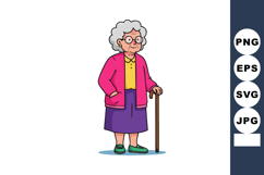 Elderly woman standing with walking cane in colorful outfit Product Image 1