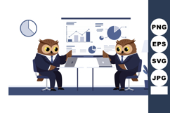 Two owls in business suits analyzing data charts in office s Product Image 1
