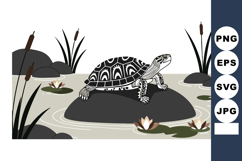 Turtle on Rock in Pond with Water Lilies and Reeds Vector Il Product Image 1