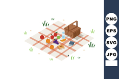Picnic blanket with basket and assorted fruits and drinks ve Product Image 1