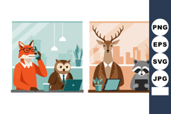 Fox and owl business animals working on laptop and phone in Product Image 1