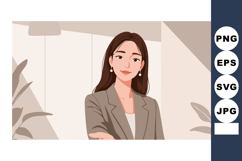 Confident businesswoman in brown blazer with pearl earrings Product Image 1