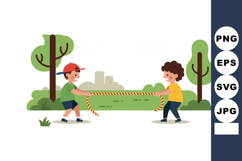 Children playing tug of war game outdoors with green trees a Product Image 1