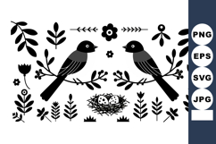 Two birds with floral elements and nest vector illustration Product Image 1