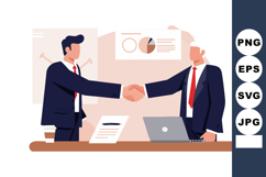 Businessmen shaking hands in office with laptop and document Product Image 1
