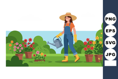 Woman watering garden flowers in colorful outdoor spring sce Product Image 1
