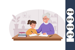 Grandmother Helping Grandchild Study at Home with Books and Product Image 1