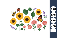 Sunflowers roses butterfly bee ladybug lavender garden vecto Product Image 1