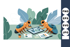 Two bees collaborating on tablet with documents and pen in g Product Image 1