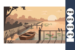 Sunset landscape with boat dock and water lilies in calm lak Product Image 1