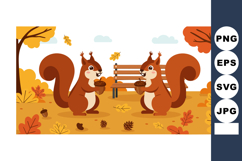 Two squirrels holding acorns in autumn park with orange leav Product Image 1