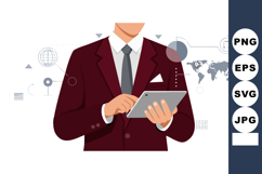 Businessman in burgundy suit using tablet with global data a Product Image 1