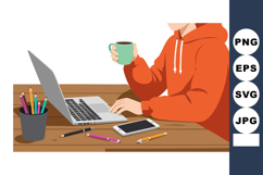 Person Working on Laptop Drinking Coffee at Wooden Desk in C Product Image 1
