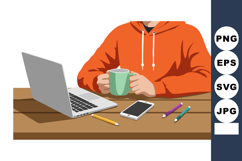 Person in orange hoodie working with laptop and smartphone h Product Image 1