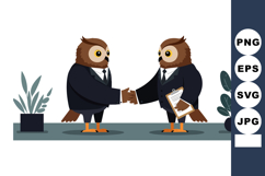 Owl business handshake illustration with suits and office pl Product Image 1