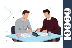 Two Men Discussing Documents at Office Table with Tablet and Product Image 1