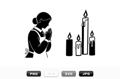 Vintage Praying Girl Silhouette Vector Set with Candles Product Image 1
