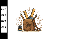 Brown leather bag with stationery tools including rulers, pe Product Image 1