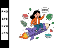 Girl Riding Purple Pencil Rocket with Books and Leaves Illus Product Image 1
