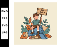 Boy Sitting on Giant Pencil Holding Go Back Sign with Leaves Product Image 1