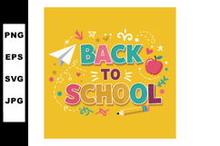 Back to school colorful text with paper plane apple and penc Product Image 1