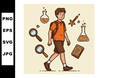 Student walking with science icons and educational symbols i Product Image 1