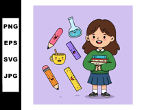 Schoolgirl holding books with happy stationery items on purp Product Image 1