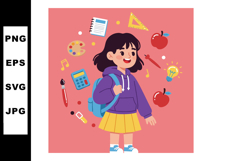 Schoolgirl with Backpack Surrounded by Educational Supplies Product Image 1
