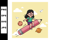 Girl riding giant pencil flying through space with paper pla Product Image 1