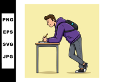 Young student leaning on desk writing with backpack illustra Product Image 1