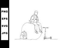 Boy sitting on giant apple with backpack and scooter line ar Product Image 1
