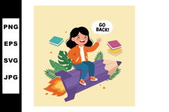 Girl riding purple rocket with books floating and saying go Product Image 1
